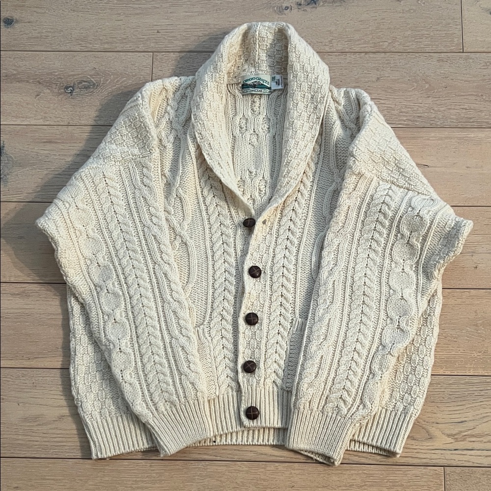 Aran Crafts Irish Wool Shawl Neck Cardigan Sweater